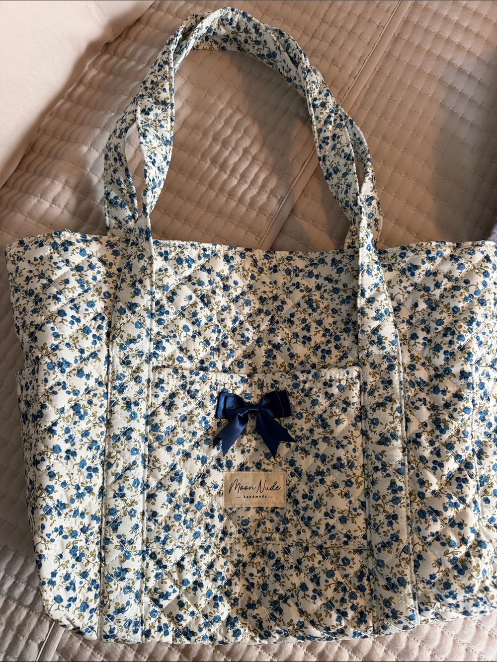 Moon Nude Blue Floral Quilted Tote Bag